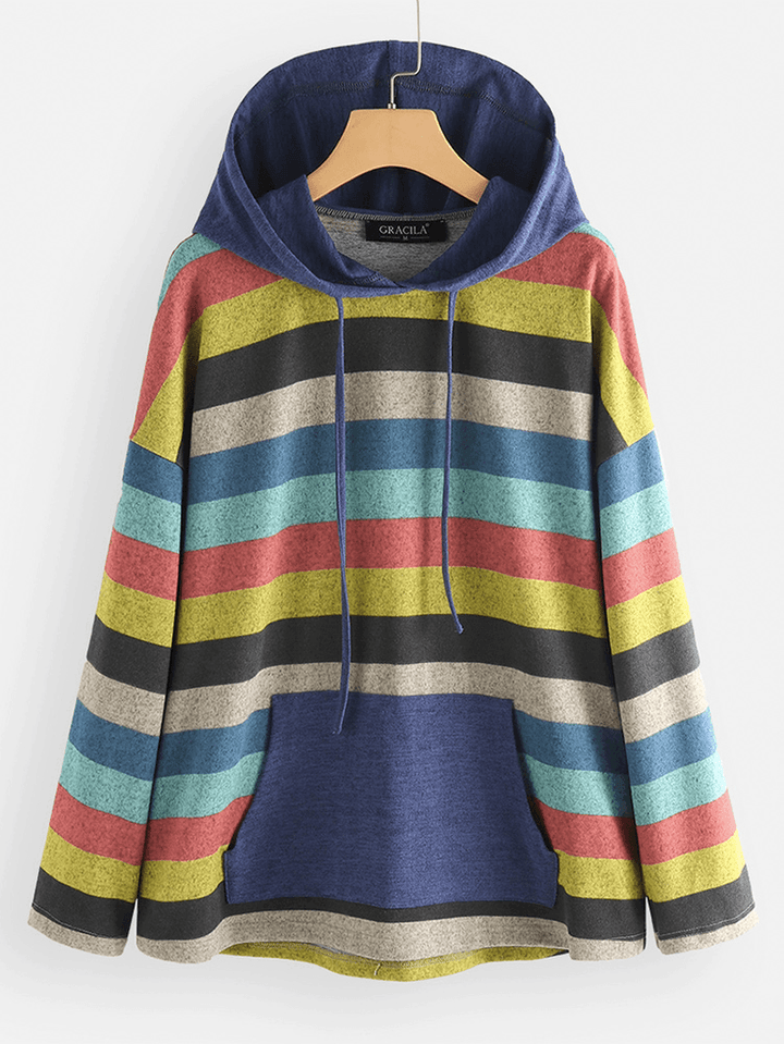 Women Contrast Color Stripe Patchwork Hoodie - MRSLM