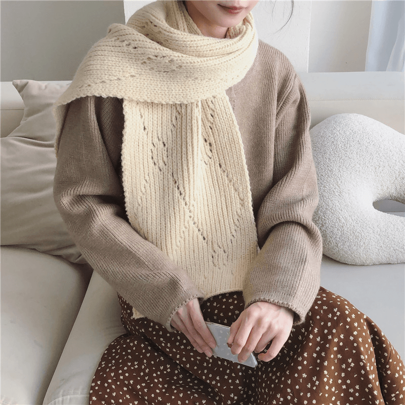 Pure Color Knitted Hollow Thick Warm Scarf