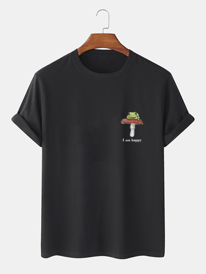 Mens Frog Mushroom Chest Print Casual 100% Cotton Short Sleeve T-Shirts