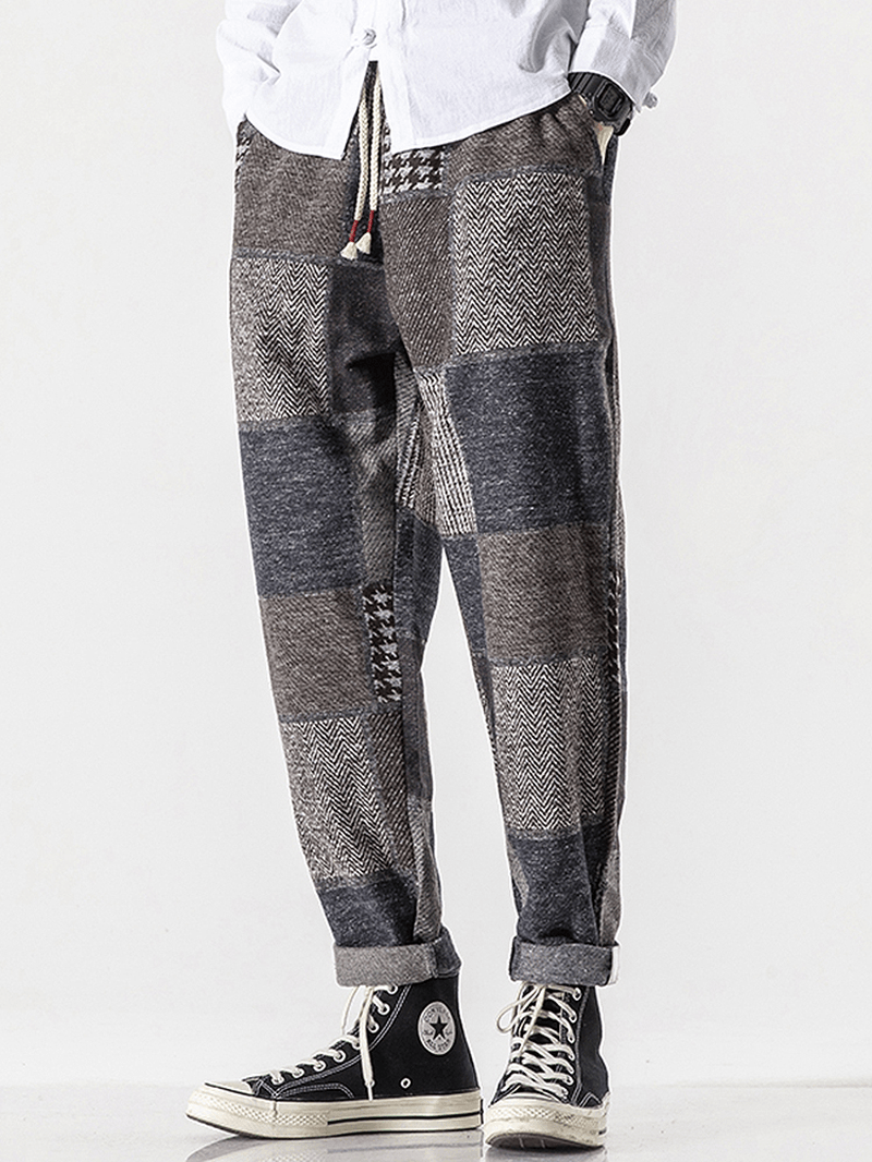 Mens Plaid Mixed Print Drawstring Waist Harem Pants