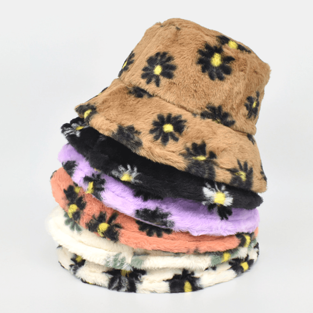 Women Lamb Hair Soft Warm plus Thicken Casual All-Match Cute Daisy Flower Pattern Bucket Hat