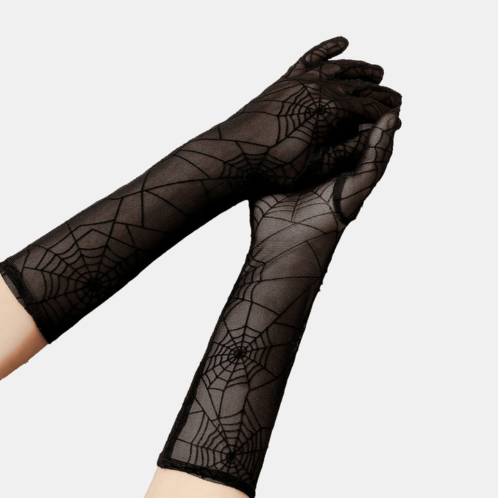 Women Solid Spider Web Pattern Lace Gloves Summer Sunshade Long Full Finger Split Finger Gloves