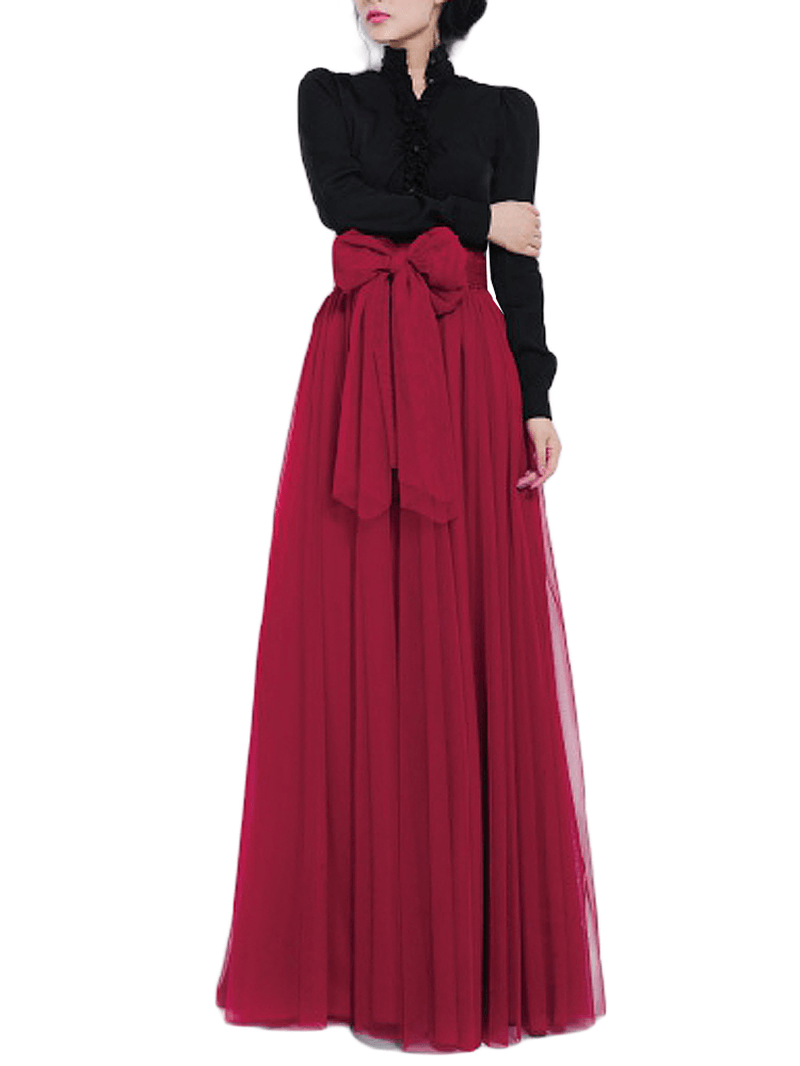 Solid Color Mesh Tulle Pleated Maxi Skirt