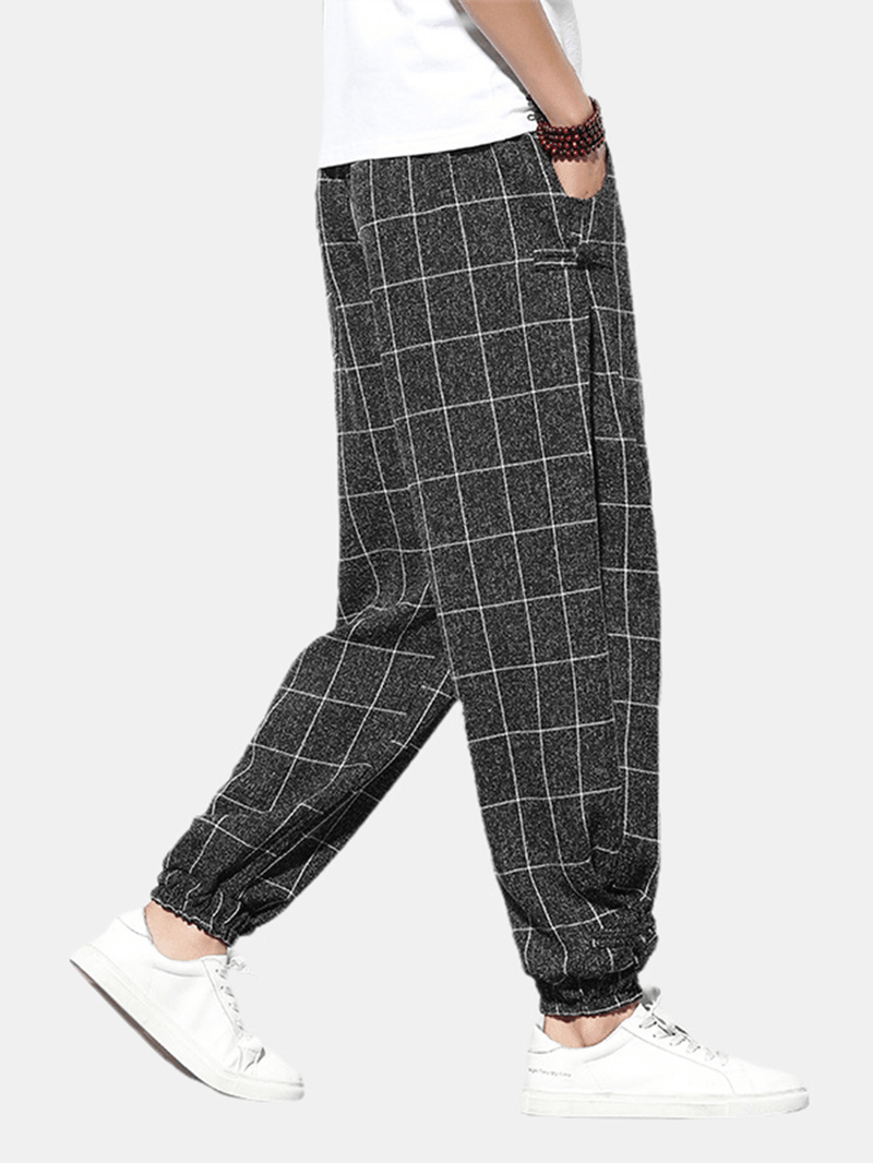 Mens Plaid Print Buckle Casual Elastic Waist Drawstring Beam Feet Pants