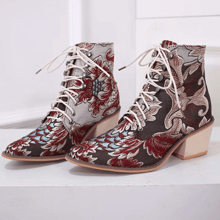 Women Pointed Toe Embroideried Lace up Block Boots