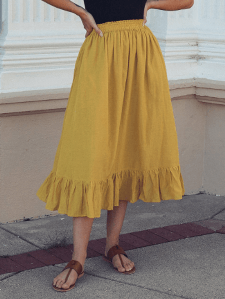 Solid Color A-Line Ruffle Hem Elastic Waist Pleated Casual Skirts for Women - MRSLM