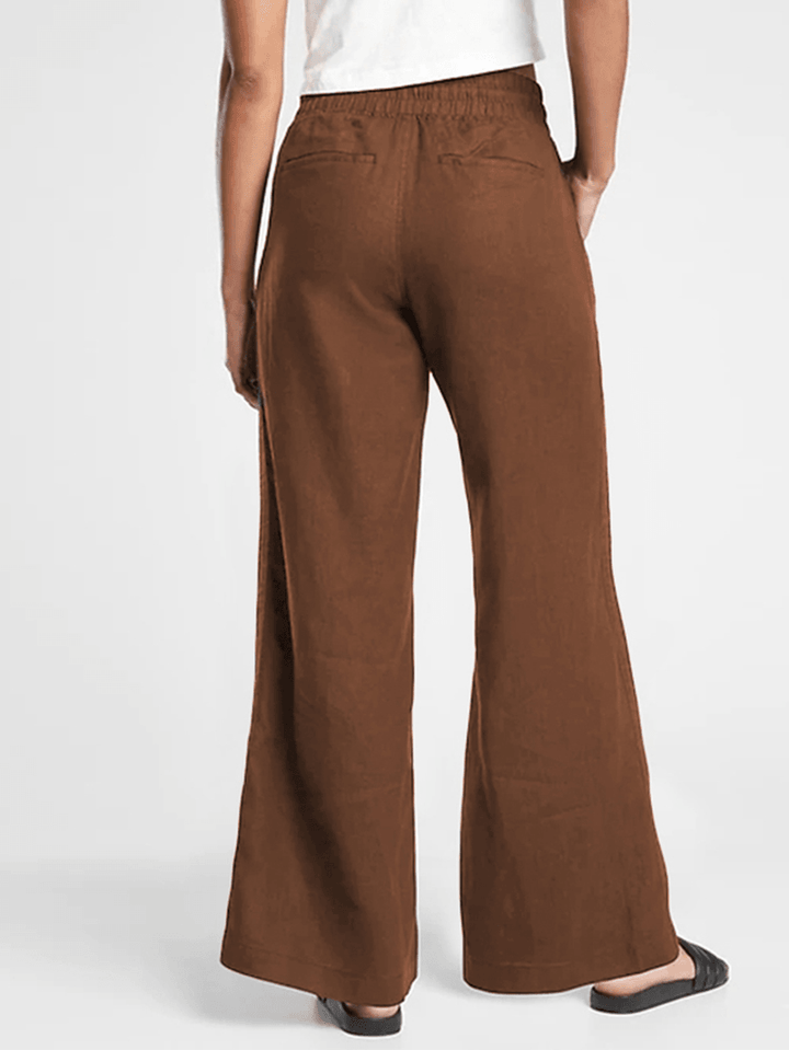 Solid Color Elastic Waist Side Pocket Simple Casual Wide Leg Pants for Women