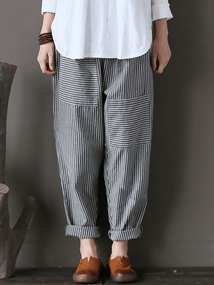 Women Stripe Elastic Waist Casual Loose Harem Pants