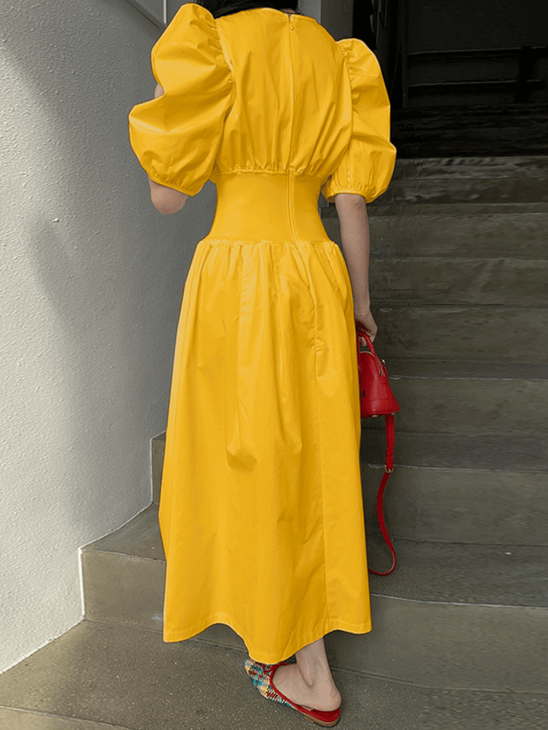 Puff Sleeve O-Neck Short Sleeve Elastic Cuffs Casual Maxi Dress