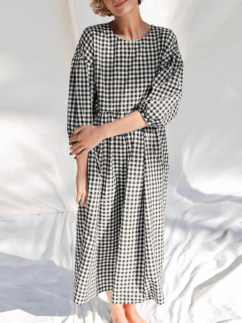 Women Plaid Print Pleated round Neck Casual Half Sleeve Midi Dresses