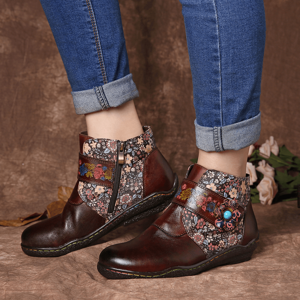 Retro Small Flowers Colorful Stitching Soft Leather Boots