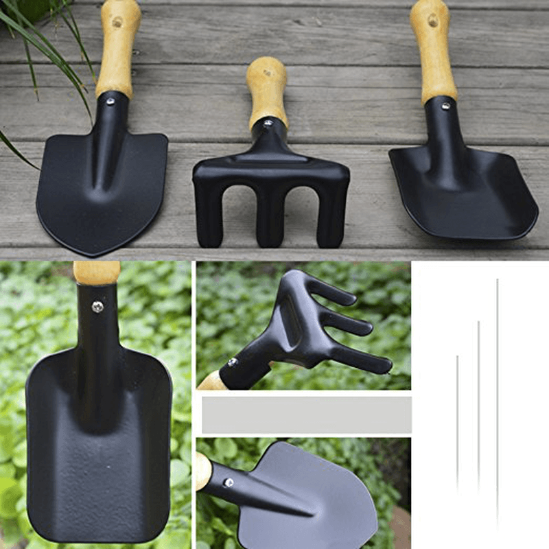 3Pcs Mini Hand Garden Tool Set Plant Gardening Shovel Spade Rake Trowel Wood Handle Metal Head