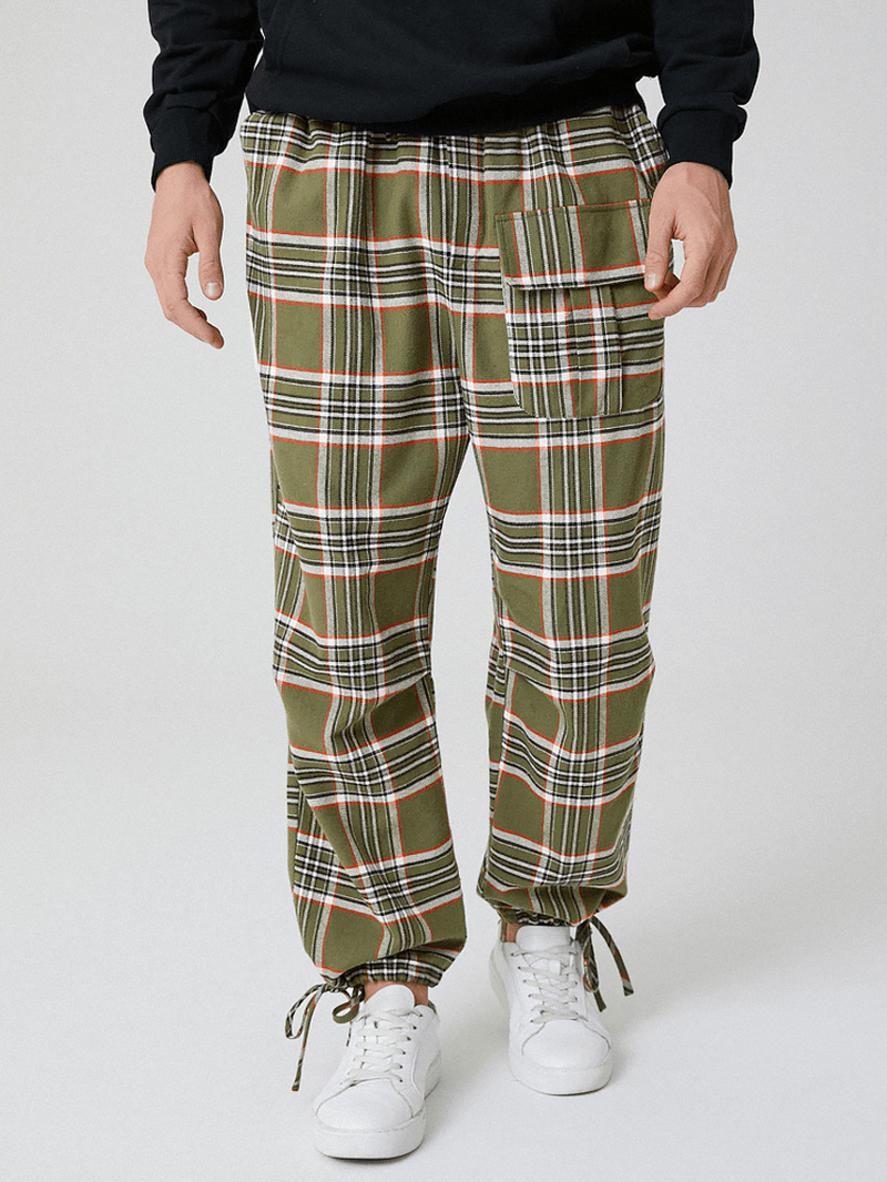 Mens Cotton Plaid Multi Pocket Casual Drawstring Elastic Waist Jogger Pants