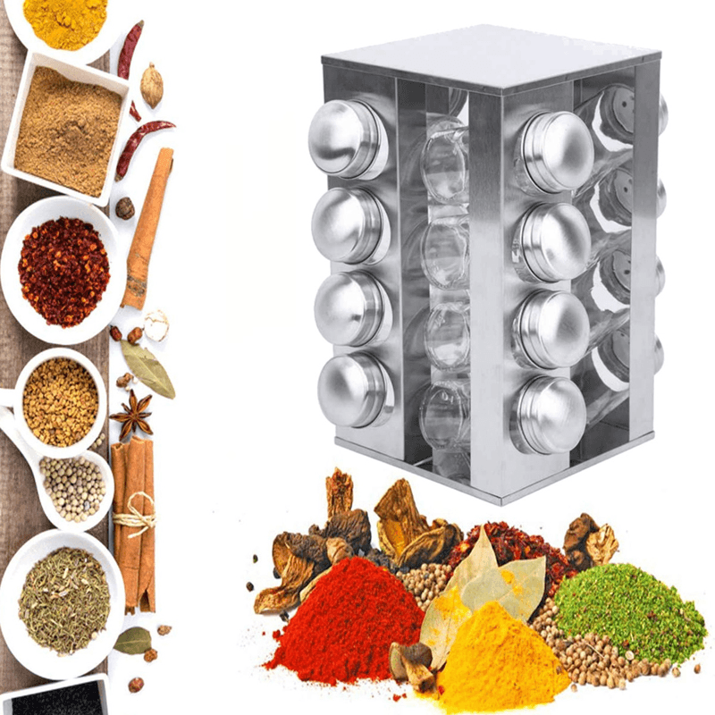 360¬∞ Stainless Steel Rotating Spice Rack Container with 16 Glass Jar Counter Kitchen Organizer Kitchen Storage - MRSLM