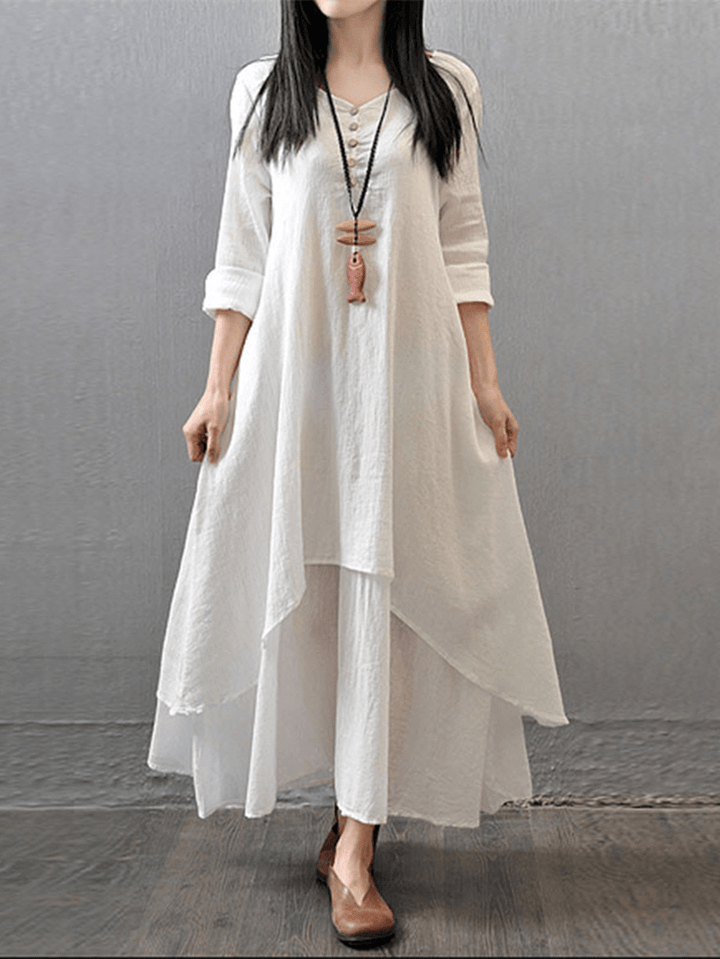 Women Long Sleeve Double Layers Button Asymmetric Vintage Maxi Dress