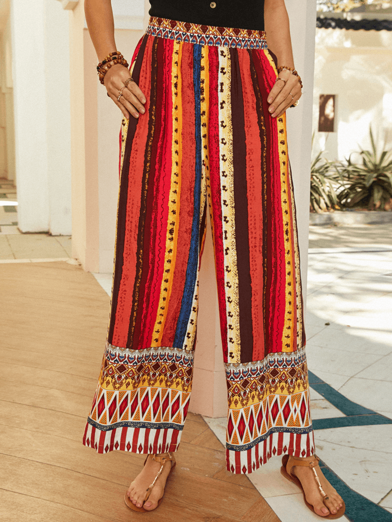 Women Colorful Ethnic Style Striped Print Loose Mid Waist Wide Leg Pants