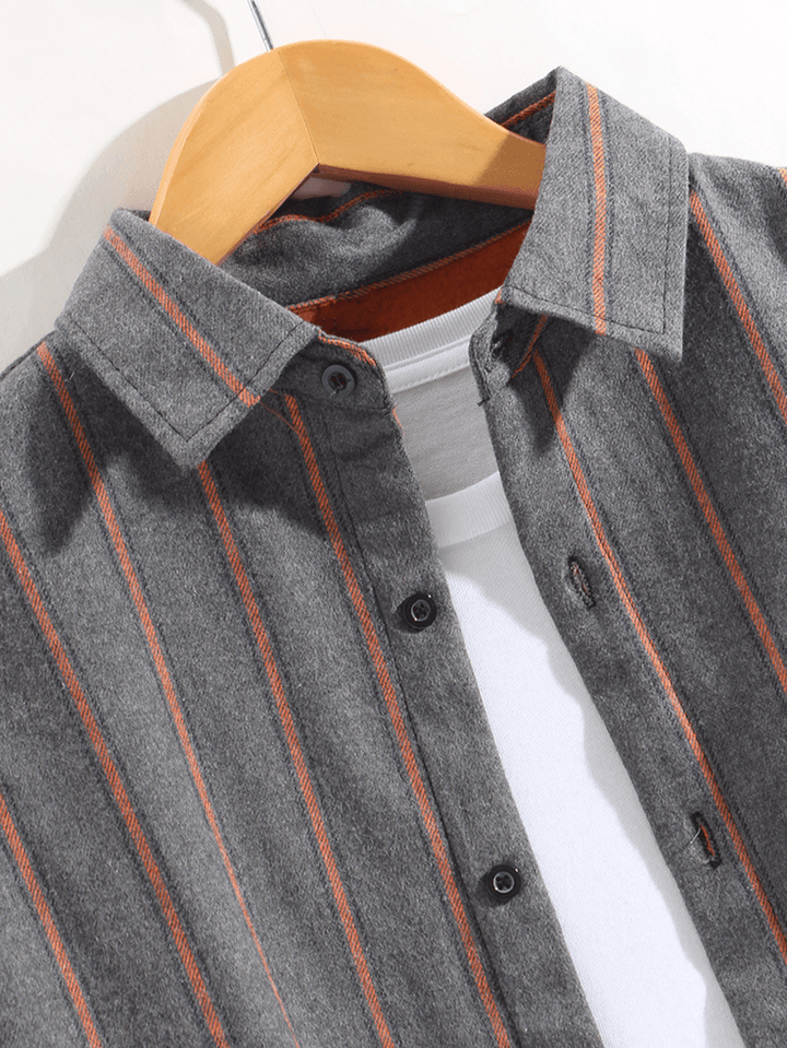 Mens Stripe Warm Thick Lined Pocket Long Sleeve Lapel Shirts