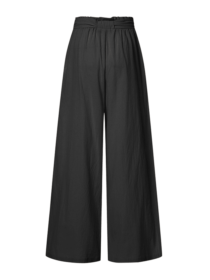 Women Cotton High Drawstring Elastic Waist Loose Solid Wide Leg Pants