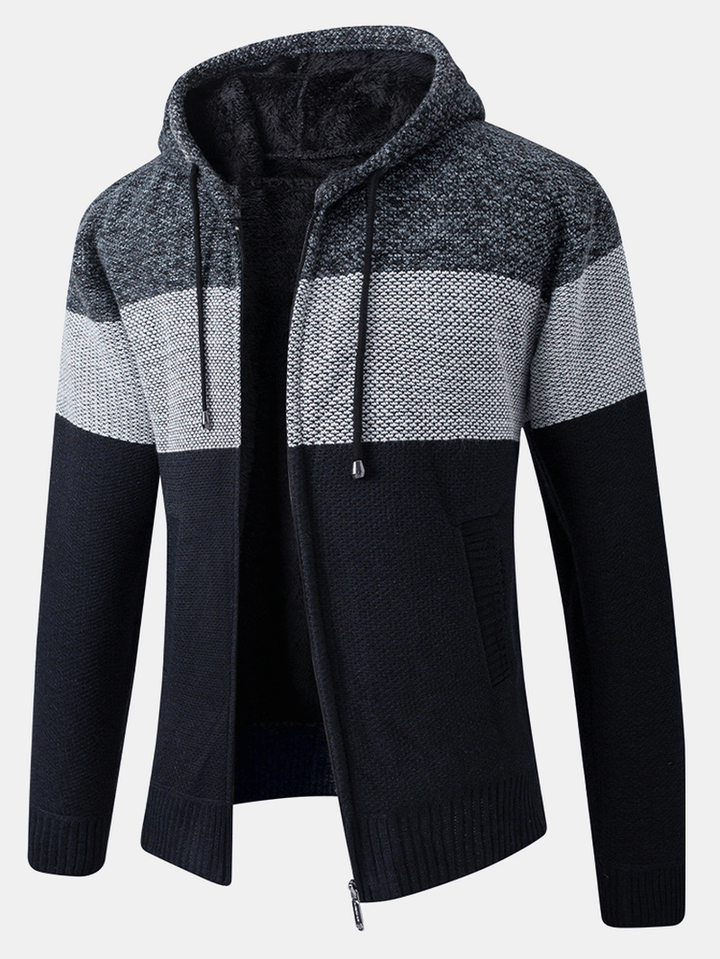 Mens Colorblock Wool Knitting Thick Warm Long Sleeve Hoodie Jacket