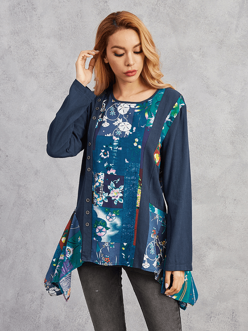 Floral Print Irregular Hem Patchwork Long Sleeve O-Neck Blouse