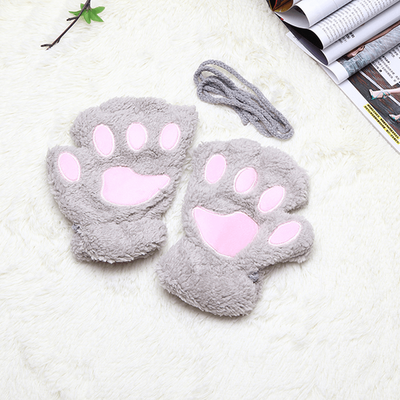 Women Girls Fluffy Plush Bear Cat Paw Fingerless Gloves Paw Glove Winter Warm Mittens - MRSLM