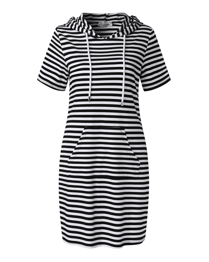 Striped Drawstring Short Sleeve Casual Shirt Pocket Dress