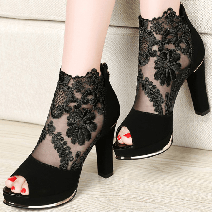 Women Black Mesh Lace Peep Toe High Heel Pumps