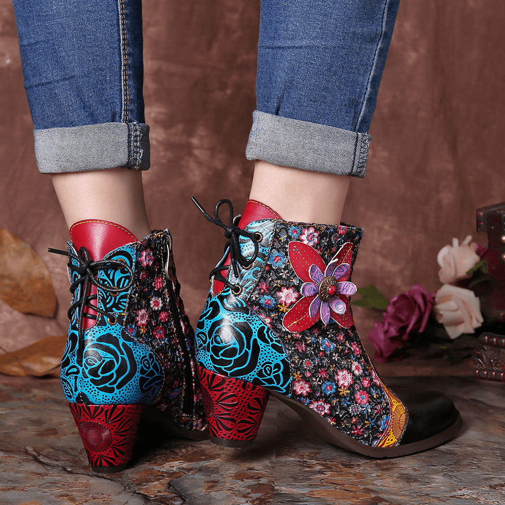 Women Retro Leaf Flower Leather Comfy Zipper Ankle Boots