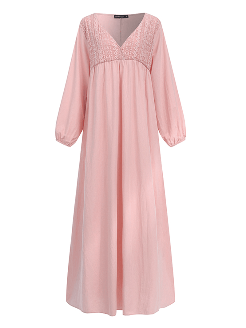 Lace Stitching V-Neck Long Sleeve Elastic Cuffs Loose Casual Maxi Dress