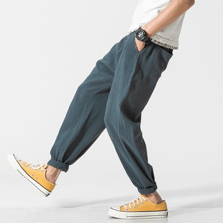 Men'S Summer Loose Cotton Linen Pants Small Feet Thin Breathable Haren Slacks