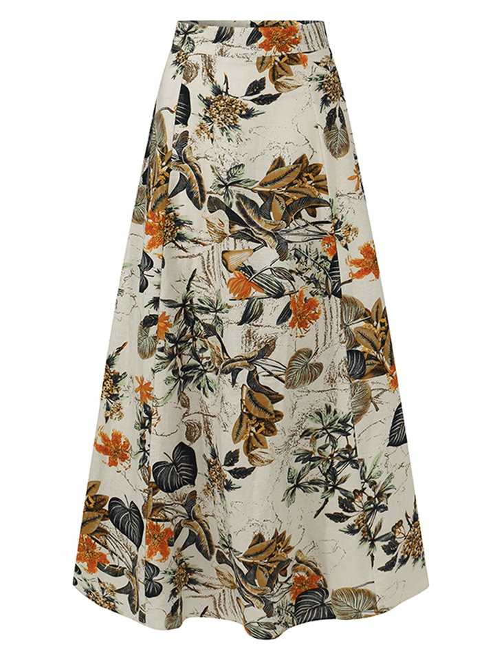 Women 100% Cotton Plant Floral Print High Waist Bohemia Maxi Skirts