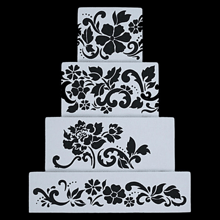 4Pcs DIY Cake Cookie Flower Fondant Side Reusable Baking Stencil Wedding Decor