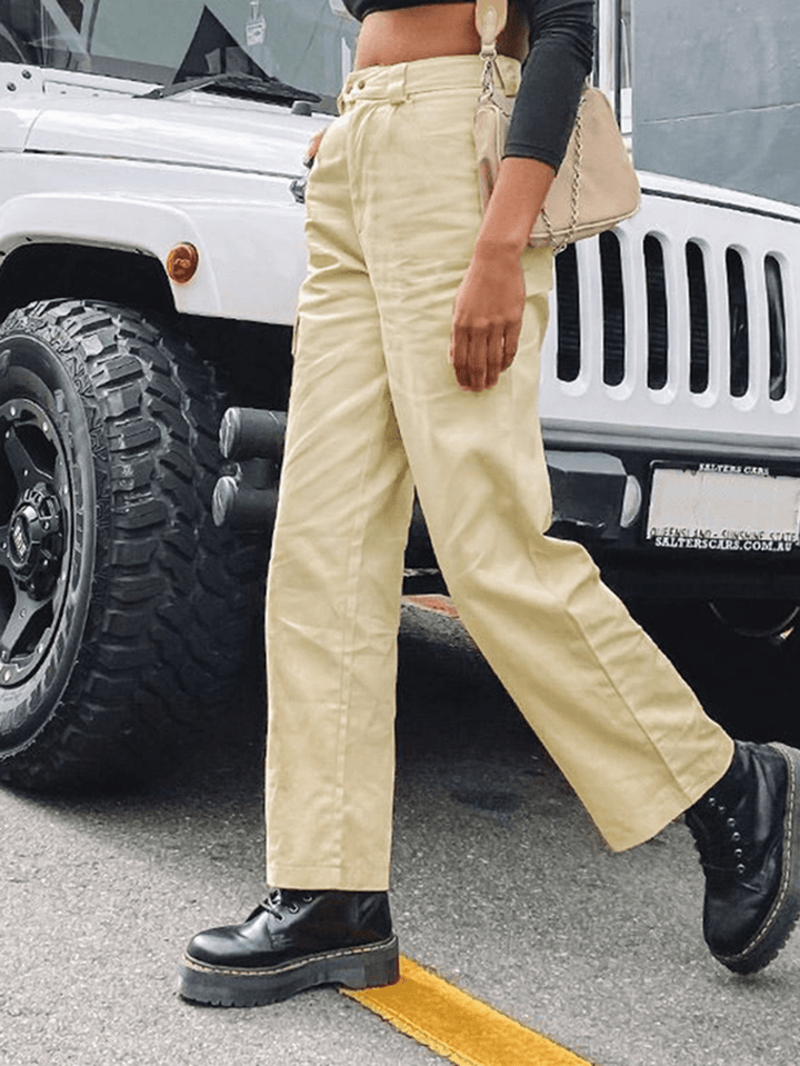 Women Solid Color Mid Waist Casual Straight Cargo Pants with Pockets