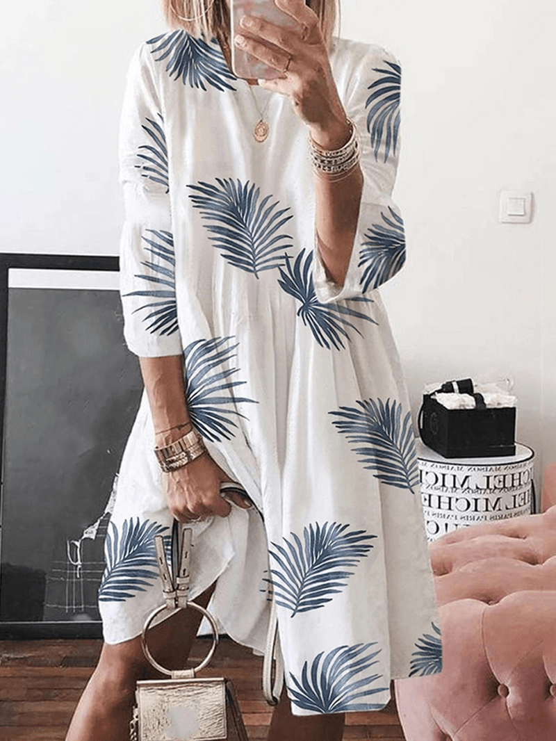 Women Floral Plant Print Long Sleeve Beach Holiday Loose Dress