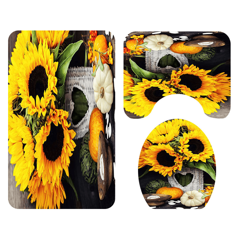 4PCS Non Slip Sunflower Pattern Toilet Polyester Cover Mat Set Waterproof Bathroom Shower Curtains