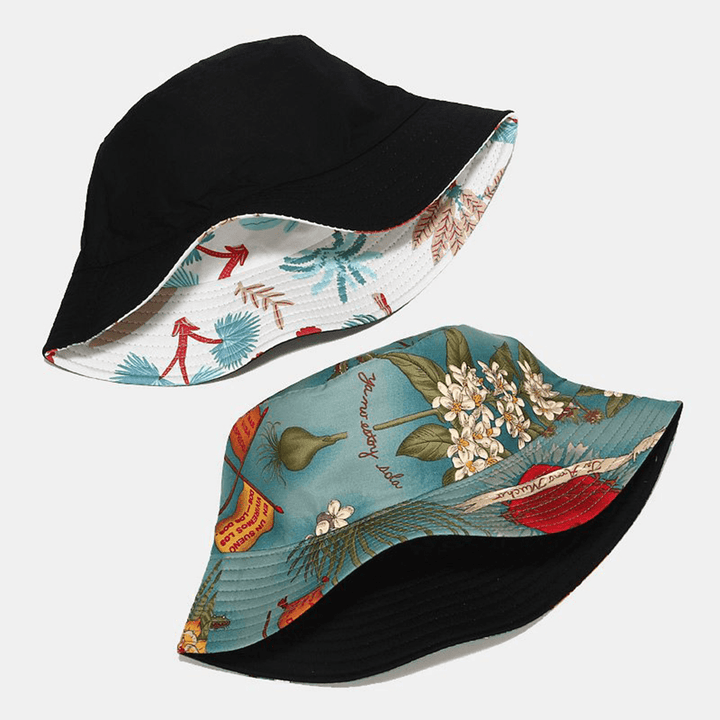 Women Double-Sided Summer UV Protection Marine Plant Pattern Casual Simple Sun Hat Bucket Hat