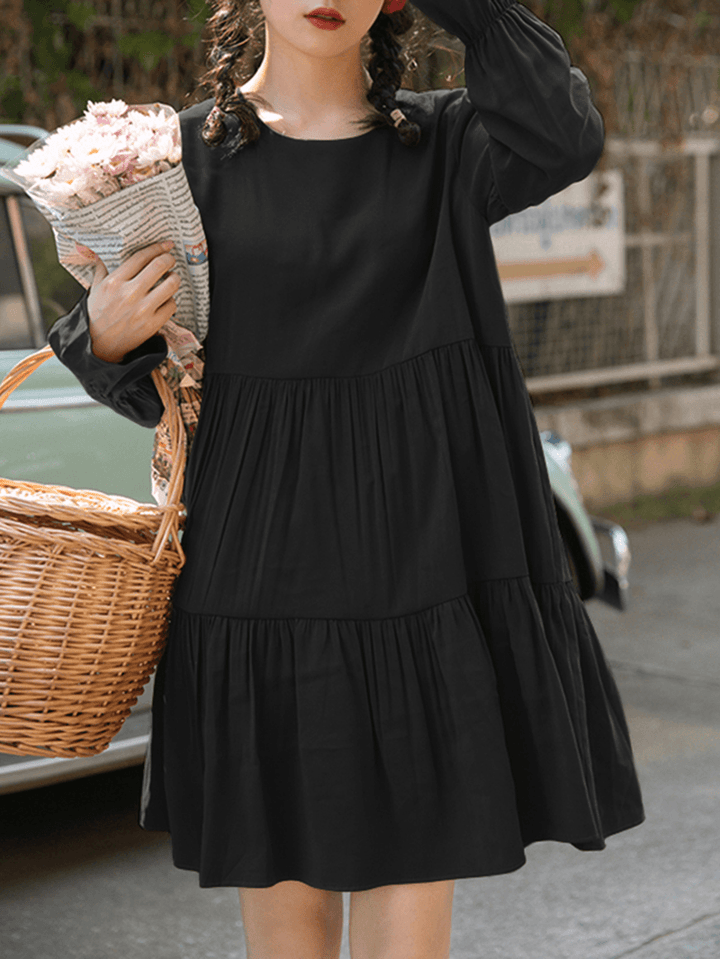 Women Cotton Solid Color Pleats O-Neck Long Sleeve Casual Dress