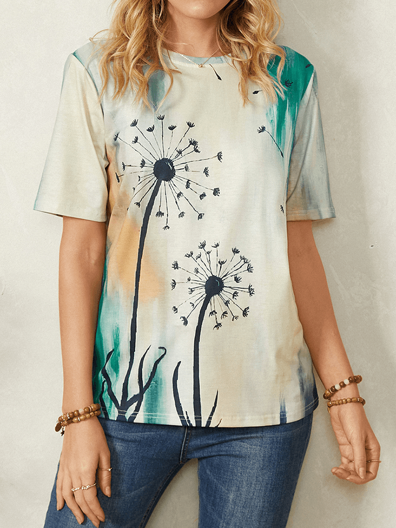 Women Plant Ombre Print round Neck Casual Short Sleeve T-Shirts