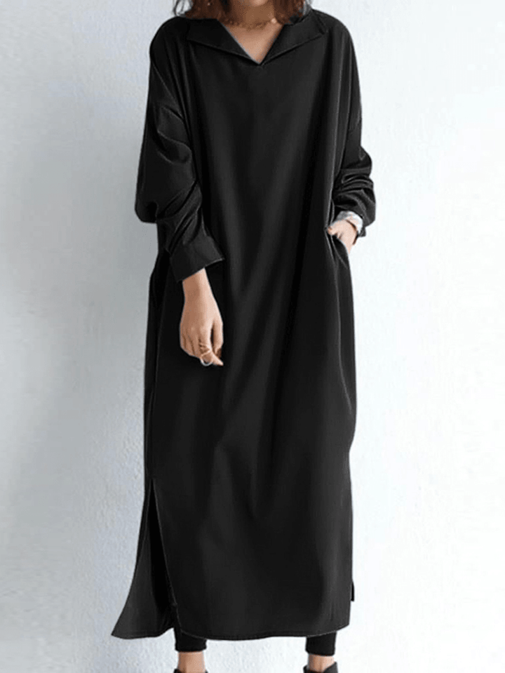 Women Solid Color Split Full Sleeve Side Pocket V-Neck Calf Length Casual Midi Dresses