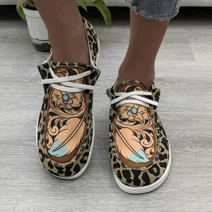 Women Large Size Stripe Printing Leopard Canvas Elastic Band Lace up Casual Flat Shoes