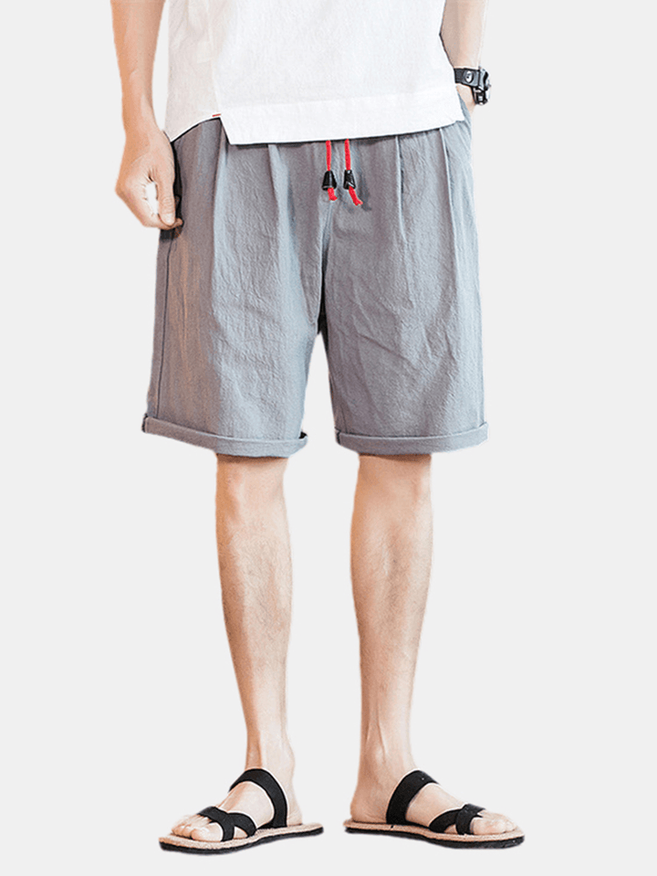 Mens Solid Color Elastic Waist Drawstring Casual Shorts