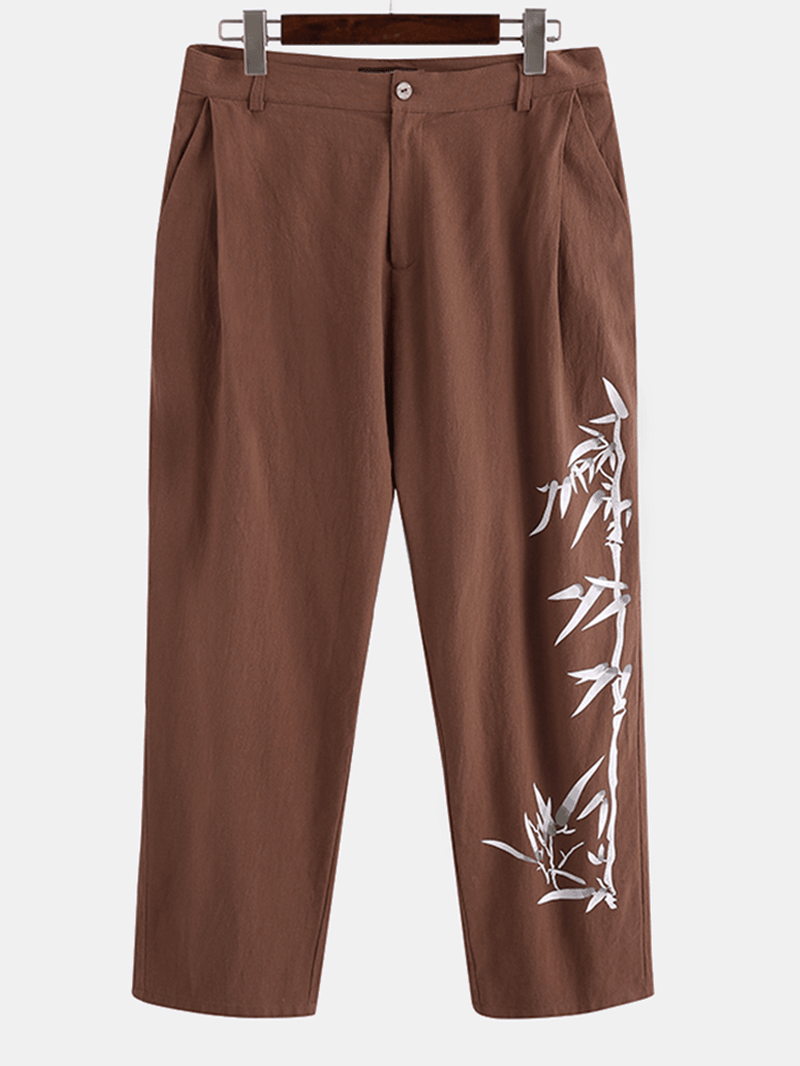 Mens Cotton Oriental Bamboo Print Breathable Button Casual Pants