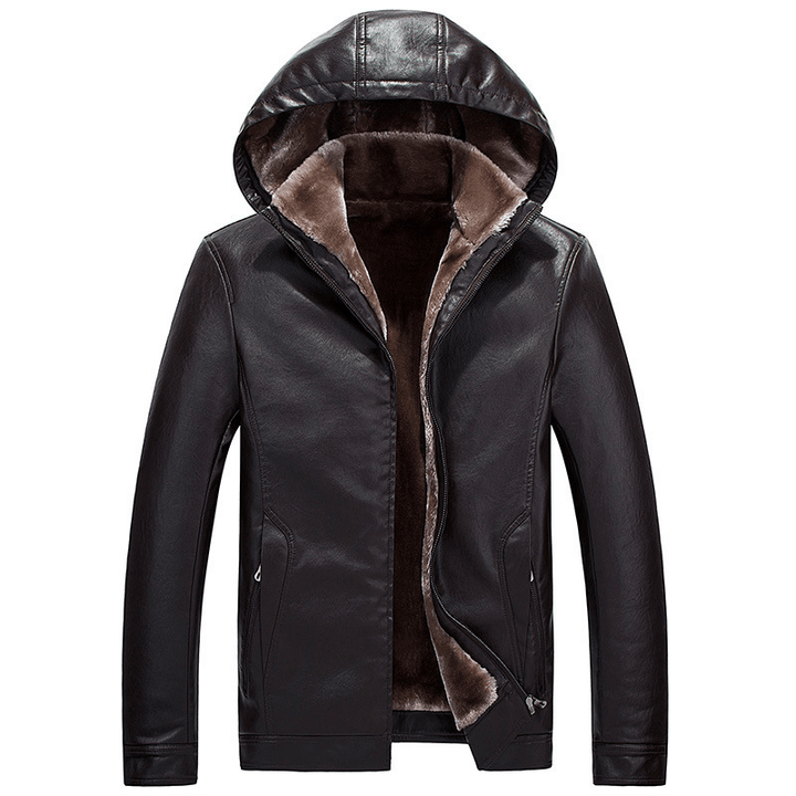 Mens Fashion PU Zipper Windproof Hooded Warm Jacket