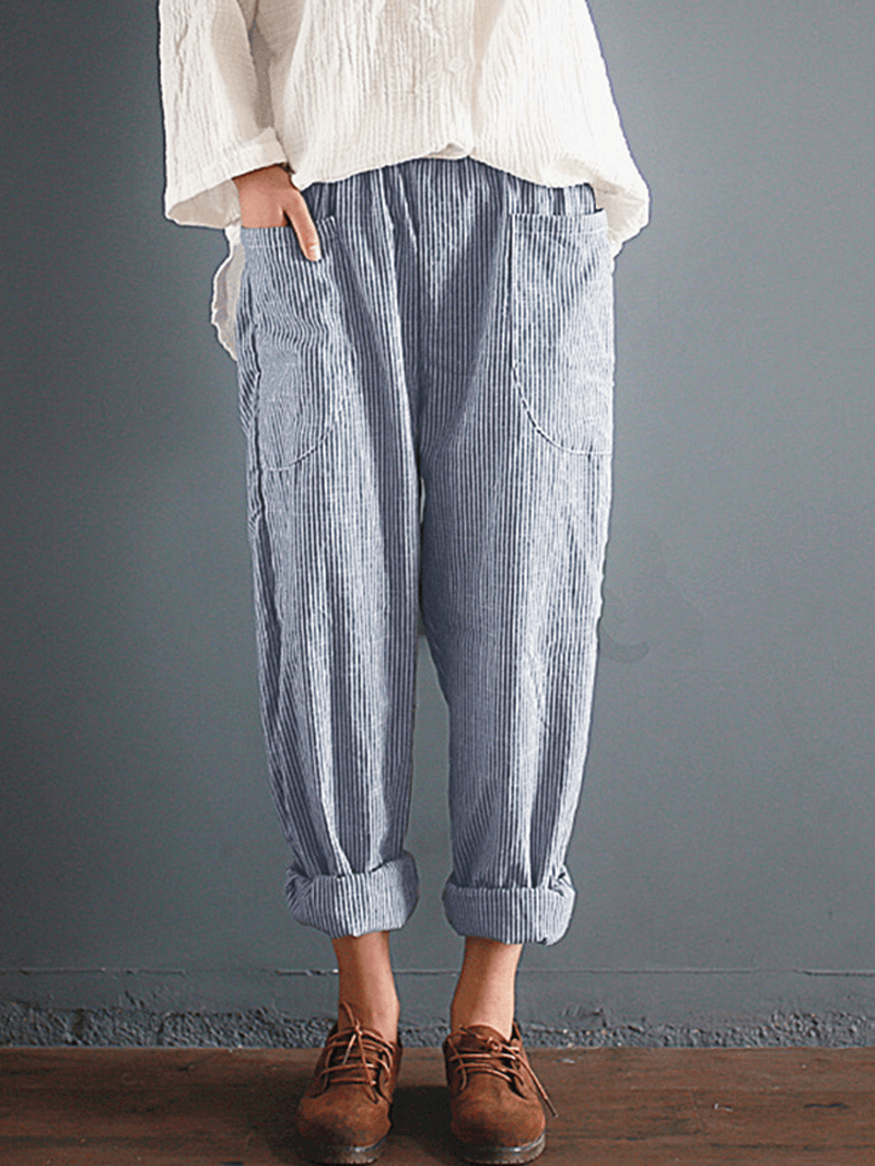 S-5XL Casual Stripe Pocket Elastic Waist Women Harem Pants