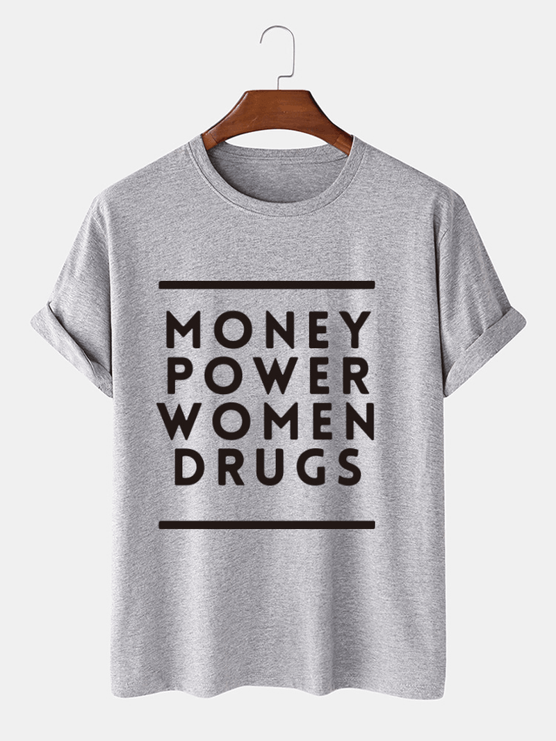 Mens Money Power Letter Print Cotton O-Neck Casual Loose Short Sleeve T-Shirt