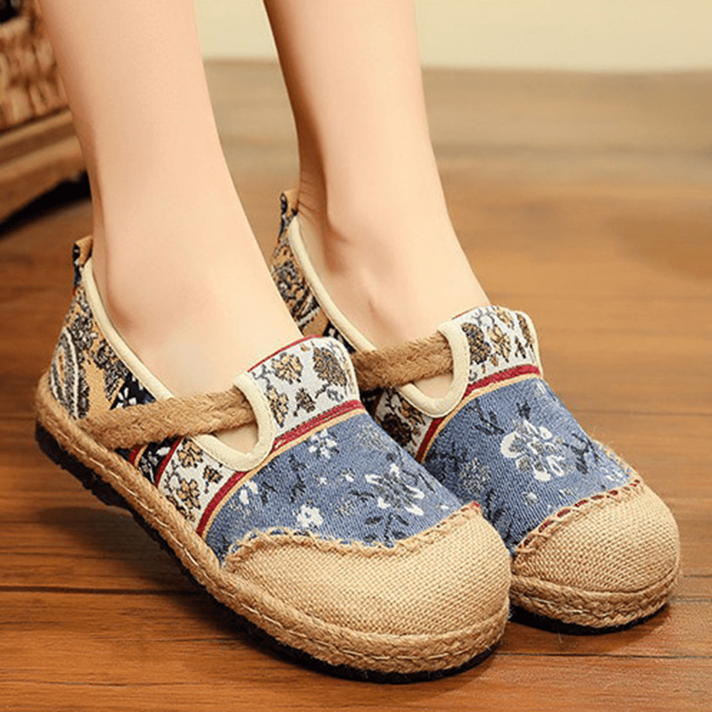 Women Linen Old Peking Printing Stricing Slip on Loafers