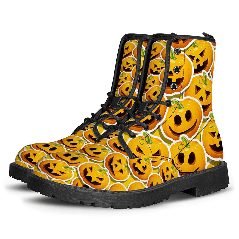 Men Leather Halloween Pumpkin Printing Soft Sole Non Slip Comfy Casual Martin Boots