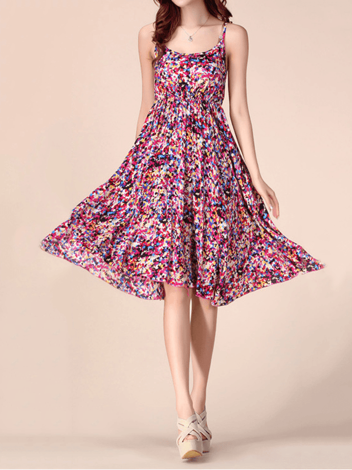 Bohemian Women Strap Flower Pattern Printing Beach A-Line Dress