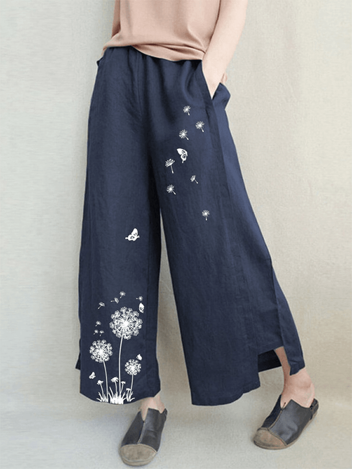 Women Floral Print Elastic Waist Loose Wide Leg Pants with Pocket