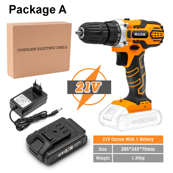 21V Cordless Electric Drill Driver 520N.M LED Portable Rechargeable Screwdriver Hammer Drill W/ 1/2 Battery - MRSLM